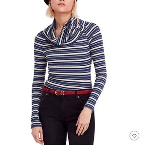 Free People Navy Blue and Cream Striped Cowl Neck Top